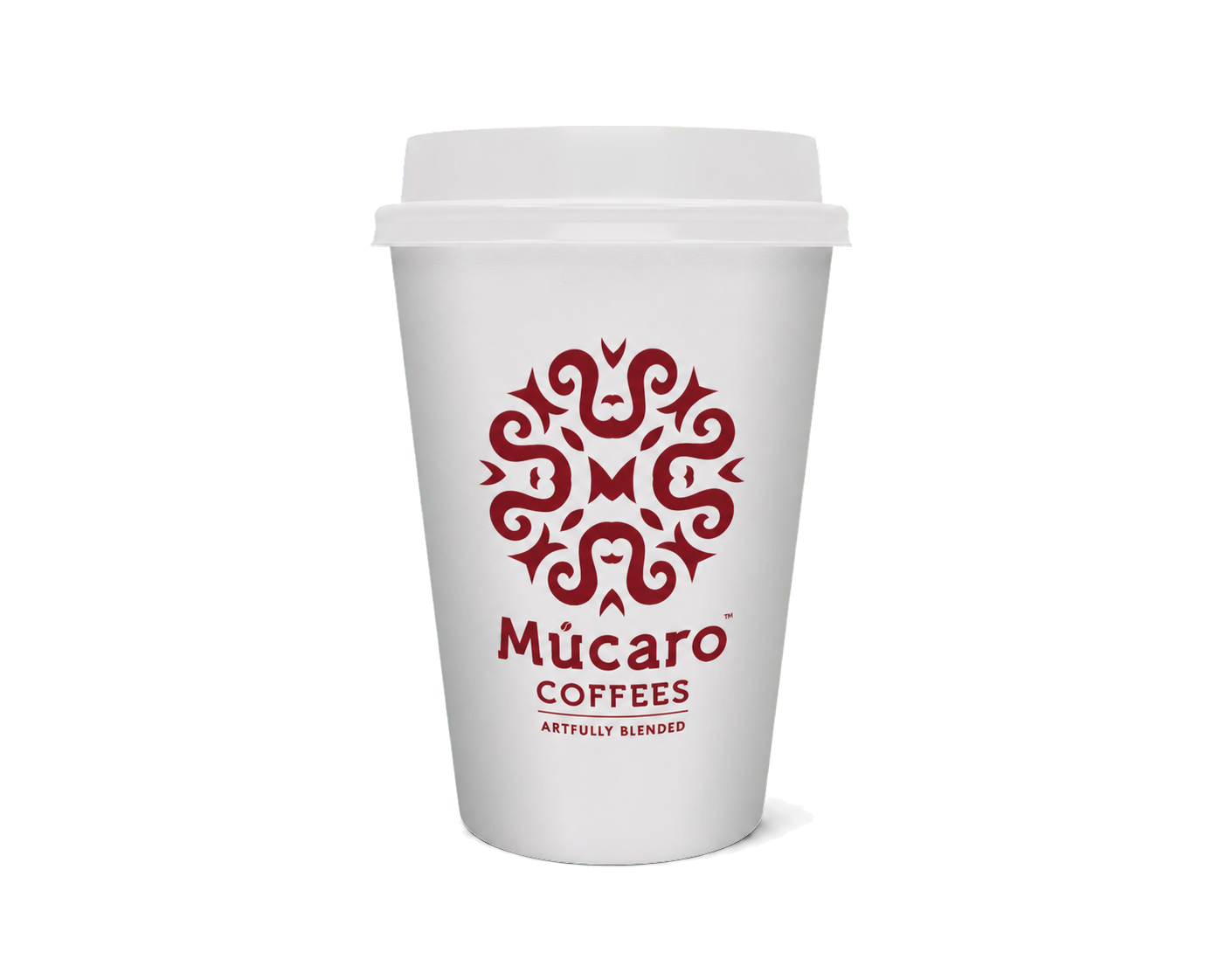 Múcaro Coffees branded takeaway cup on a solid burgundy background